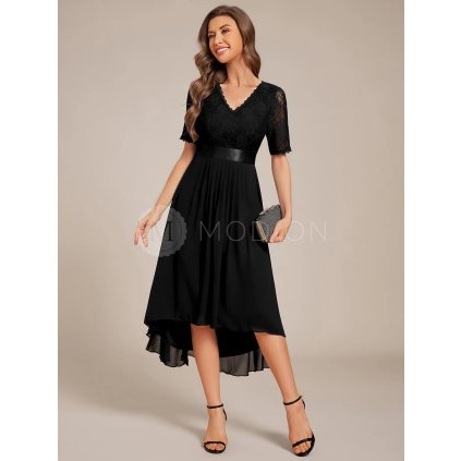 Společenské šaty černé šifonové s krajkou midi s asymetrickým střihem a rukávem – Ever Pretty EG04489BK