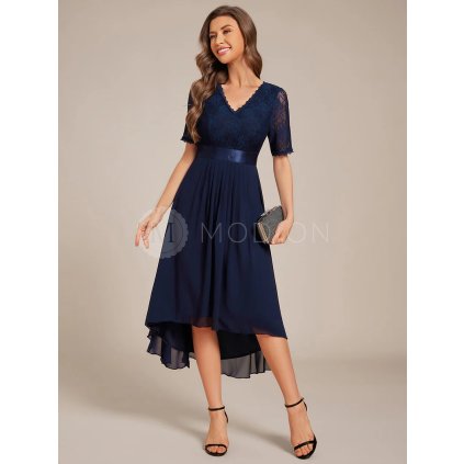Společenské šaty tmavě modré šifonové s krajkou midi s asymetrickým střihem a rukávem – Ever Pretty EG04489NB