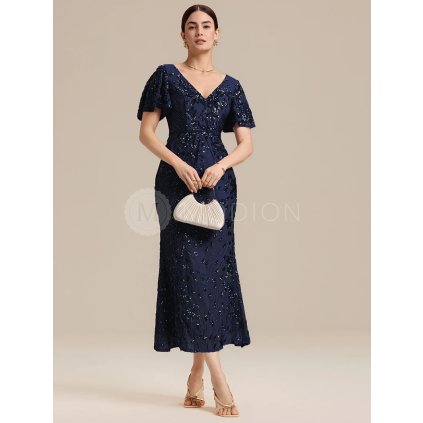 Společenské šaty modré tmavě modré dlouhé tylové s flitry – Ever Pretty EE02370NB