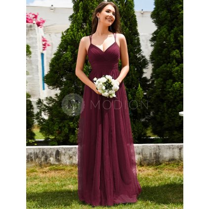 Šaty na svatbu vínově červené dlouhé tylové s áčkovým střihem – Ever Pretty ESS0056BD