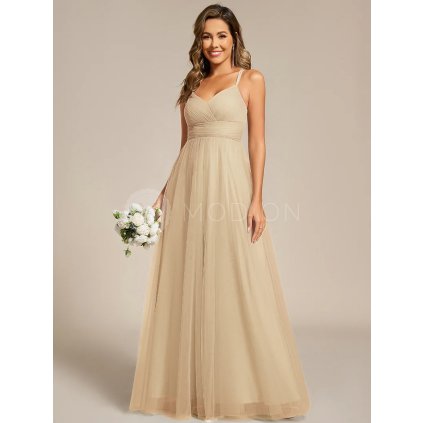 Šaty na svatbu béžové dlouhé tylové s áčkovým střihem – Ever Pretty ESS0056CH