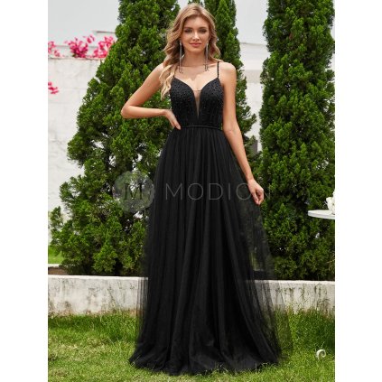 Společenské šaty dlouhé černé tylové s perlami – Ever Pretty EH02075BK, prodává Modion.cz