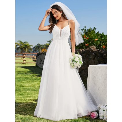 Svatební šaty bílé tylové dlouhé zdobené perlami – Ever Pretty EH02075WH