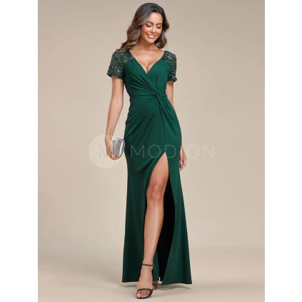 Společenské dlouhé šaty smaragdové zelené – Celina (přední pohled)