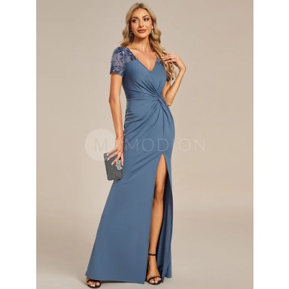 Společenské šaty modrošedé dlouhé s rozparkem a flitry – Ever Pretty EM01669DN