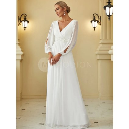 Společenské šaty bílé ecru dlouhé šifonové s krajkou a dlouhým rukávem – Ever Pretty EP00461CR