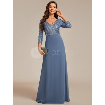 Společenské šaty moSpolečenské šaty modrošedé dlouhé šifonové s flitry a tříčtvrtečním rukávem – Ever Pretty EP00751DN