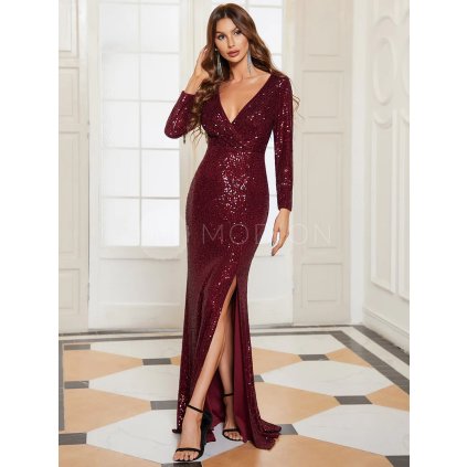 Společenské dlouhé šaty vínové červené – Paolina (přední pohled)
