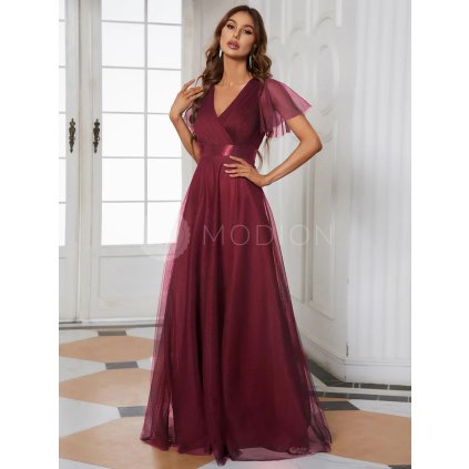 Společenské dlouhé šaty vínové červené – Elodie (přední pohled)