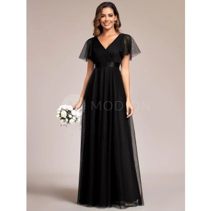 Šaty na svatbu černé dlouhé tylové s krátkým rukávem a áčkovým střihem – Ever Pretty EP07962BK