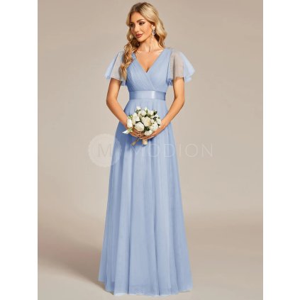 Šaty na svatbu ledově modré dlouhé tylové s krátkým rukávem a áčkovým střihem – Ever Pretty EP07962IB