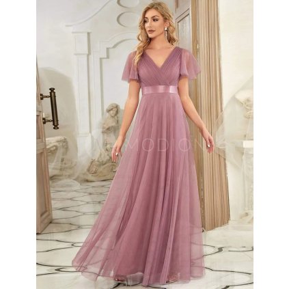 Šaty na svatbu starorůžové orchidejové dlouhé tylové s krátkým rukávem a áčkovým střihem – Ever Pretty EP07962OD