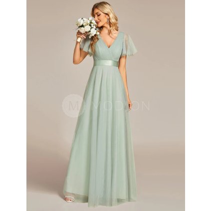 Večerní šaty mátové dlouhé tylové s krátkým rukávem a áčkovým střihem – Ever Pretty EP07962MG