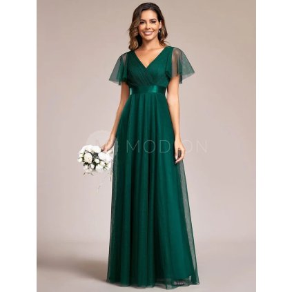 Šaty na svatbu smaragdově zelené dlouhé tylové s krátkým rukávem a áčkovým střihem – Ever Pretty EP07962DG