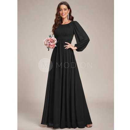 Šaty na svatbu černé dlouhé šifonové s dlouhým rukávem – Ever Pretty ES0106BBK