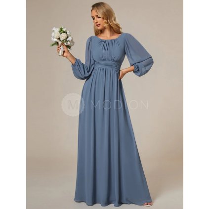 Šaty na svatbu modrošedé dlouhé šifonové s dlouhým rukávem – Ever Pretty ES0106BDN