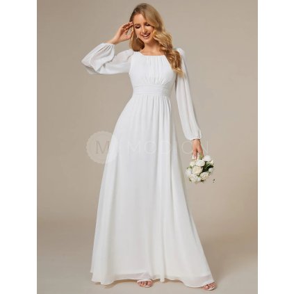 Popůlnoční šaty bílé dlouhé šifonové s dlouhým rukávem – Ever Pretty ES0106BWH