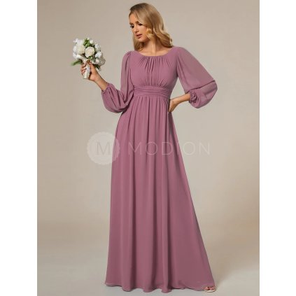 Šaty na svatbu starorůžové dlouhé šifonové s dlouhým rukávem – Ever Pretty ES0106BOD