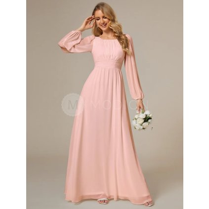 Šaty na svatbu světle růžové dlouhé šifonové s dlouhým rukávem – Ever Pretty ES0106BPK