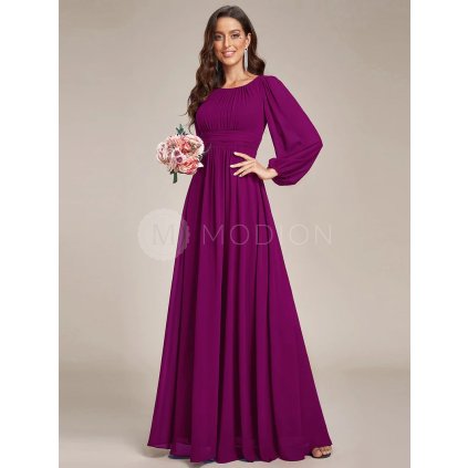 Šaty na svatbu fuchsiové dlouhé šifonové s dlouhým rukávem – Ever Pretty ES0106BFU