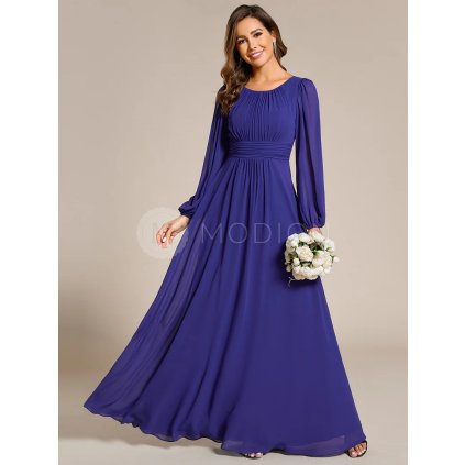 Šaty na svatbu safírově modré dlouhé šifonové s dlouhým rukávem – Ever Pretty ES0106BSB