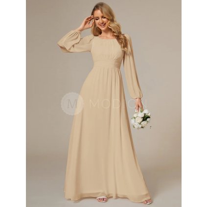 Šaty na svatbu béžové dlouhé šifonové s dlouhým rukávem – Ever Pretty ES0106BCH