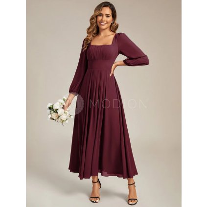 Šaty na svatbu vínově červené dlouhé šifonové s dlouhým rukávem – Ever Pretty ES02522BD