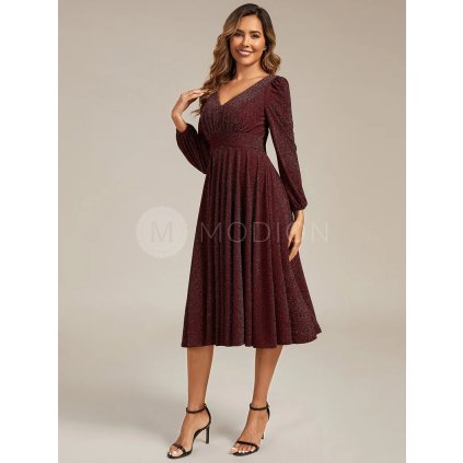 Společenské šaty vínově červené třpytivé midi s kapsami – Ever Pretty EG02523BD
