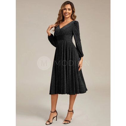 Společenské šaty černé třpytivé midi s kapsami – Ever Pretty EG02523BK