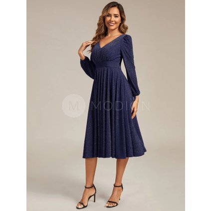 Společenské midi šaty tmavě modré – Seraphina (přední pohled)