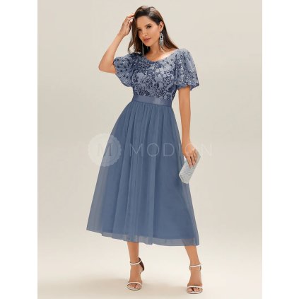 Společenské šaty dlouhé modré tylové třpytivé áčkové – Ever Pretty EE02549DN, prodává Modion.cz