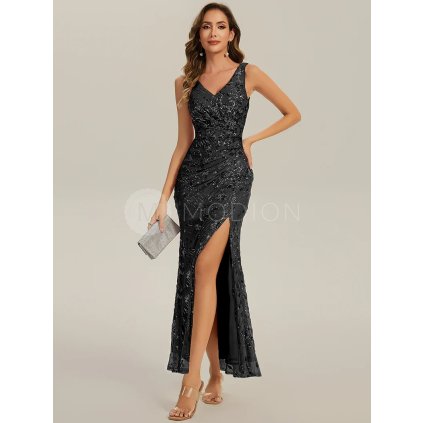 Společenské šaty černé dlouhé flitrové s rozparkem – Ever Pretty EE02548BK