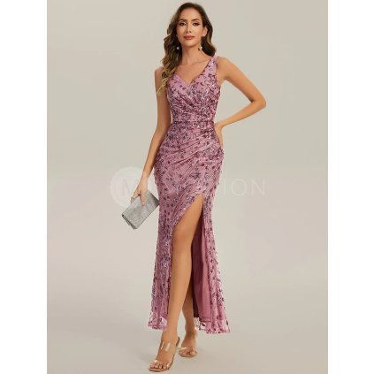 Společenské dlouhé šaty starorůžové – Raffaella (přední pohled)