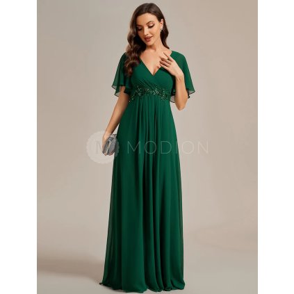 Společenské šaty smaragdově zelené dlouhé šifonové s krátkým rukávem a krajkou v pase – Ever Pretty EE01960DG