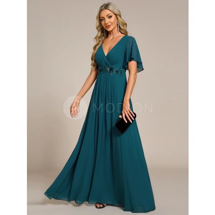 Společenské šaty dlouhé modré šifonové s krajkovým zdobením – Ever Pretty EE01960TE, prodává Modion.cz