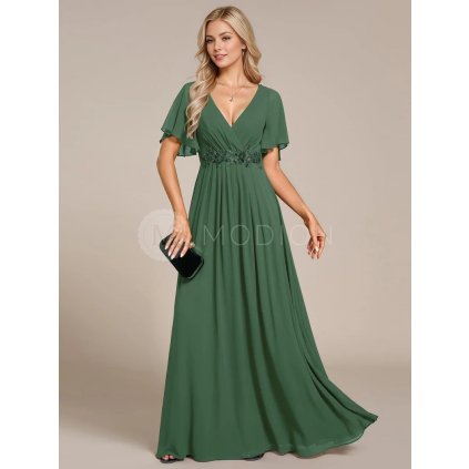 Společenské dlouhé šaty zelené eukalypt – Giovanna (přední pohled)