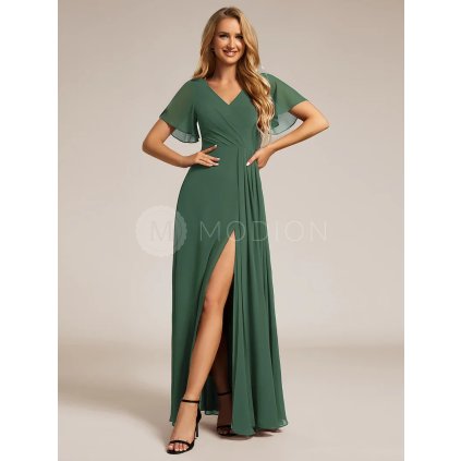 Plesové šaty zelené eukalyptové dlouhé šifonové s volným rukávem a rozparkem – Ever Pretty ESS0050EU