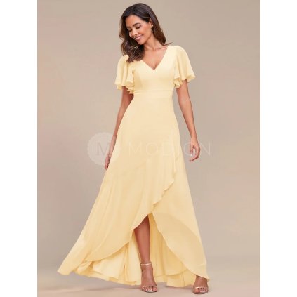 Společenské šaty žluté dlouhé šifonové s výstřihem do V a volánky – Model ES01749YL – Modion.cz