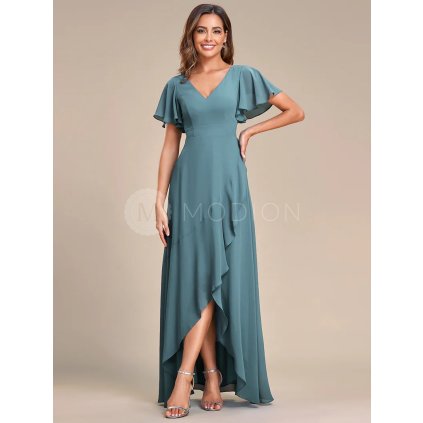 Společenské šaty dlouhé modrozelené šifonové s volánky a asymetrickým lemem – Ever Pretty ES01749DB