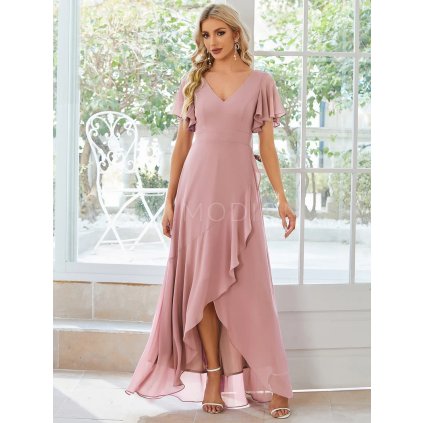 Společenské šaty dlouhé pudrově růžové šifonové s volánky a asymetrickým lemem – Ever Pretty ES01749DR