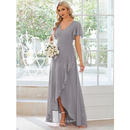 Šaty na svatbu dlouhé světle šedé šifonové s volánky a asymetrickým lemem – Ever Pretty ES01749GY