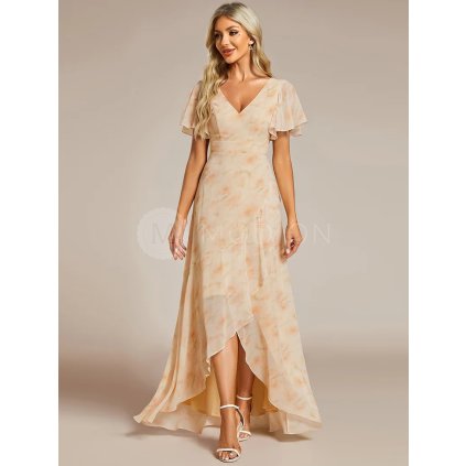 Plesové šaty dlouhé béžové se vzorem šifonové s volánky a asymetrickým lemem – Ever Pretty ES01749LR