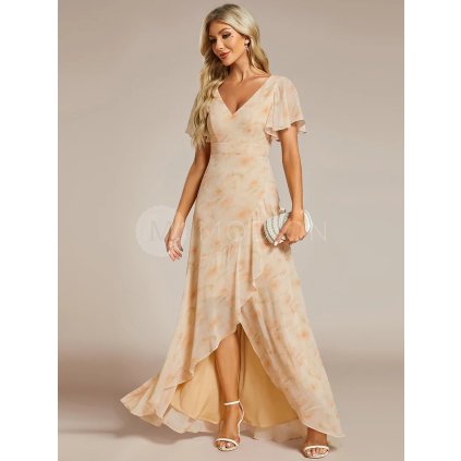 Společenské midi šaty béžové se vzorem – Carmela (přední pohled)