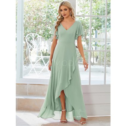 Plesové šaty dlouhé mátové šifonové s volánky a asymetrickým lemem – Ever Pretty ES01749MG