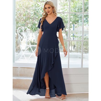 Společenské midi šaty tmavě modré – Carmela (přední pohled)