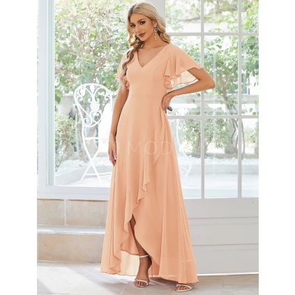 Společenské šaty dlouhé broskvové šifonové s volánky a asymetrickým lemem – Ever Pretty ES01749PE