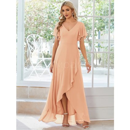 Plesové šaty dlouhé broskvové šifonové s volánky a asymetrickým lemem – Ever Pretty ES01749PE