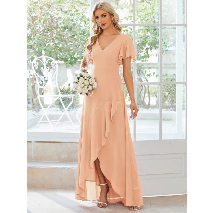 Šaty na svatbu dlouhé broskvové šifonové s volánky a asymetrickým lemem – Ever Pretty ES01749PE