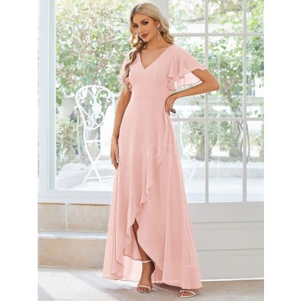 Společenské šaty dlouhé světle růžové šifonové s volánky a asymetrickým lemem – Ever Pretty ES01749PK