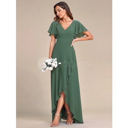 Šaty na svatbu dlouhé eukalyptové šifonové s volánky a asymetrickým lemem – Ever Pretty ES01749EU